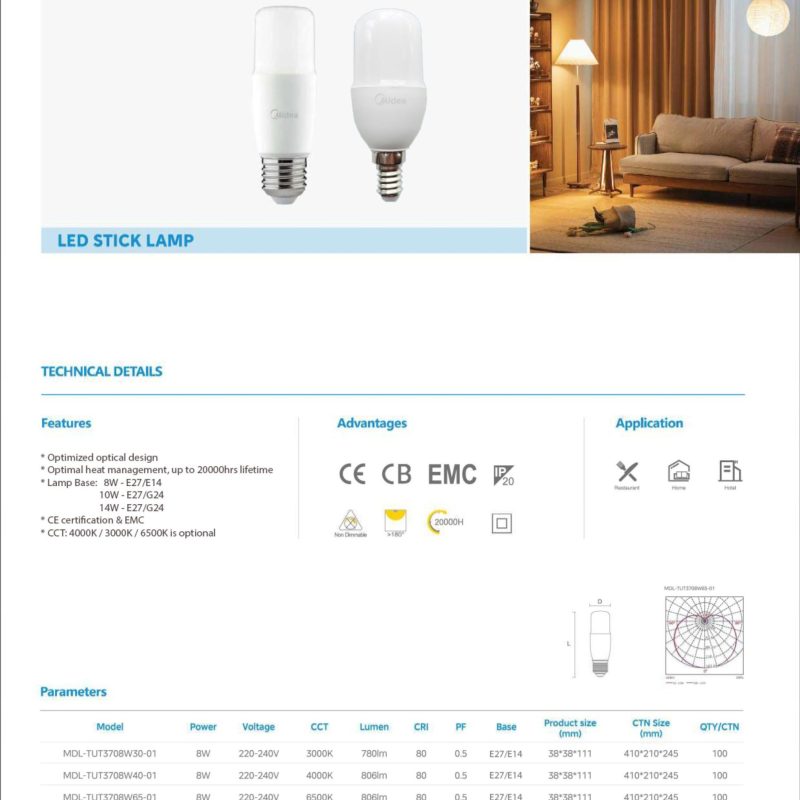Alternative view of Midea LED Stick Lamp 8W / 10W / 14W (2 Years Warranty)
