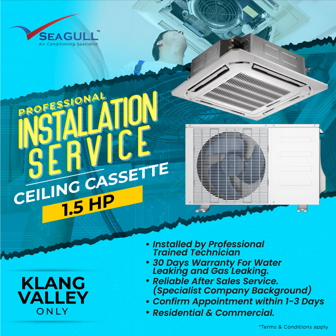 Professional 1.5HP Air Cond Ceiling Cassette Standard Installation Service