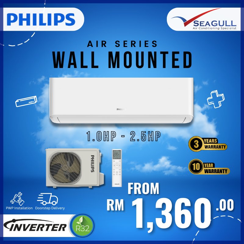 [PWP] Philips Air Conditioner Inverter 4-5 Star Wall Mounted Air Series R32 1.0HP-2.5HP
