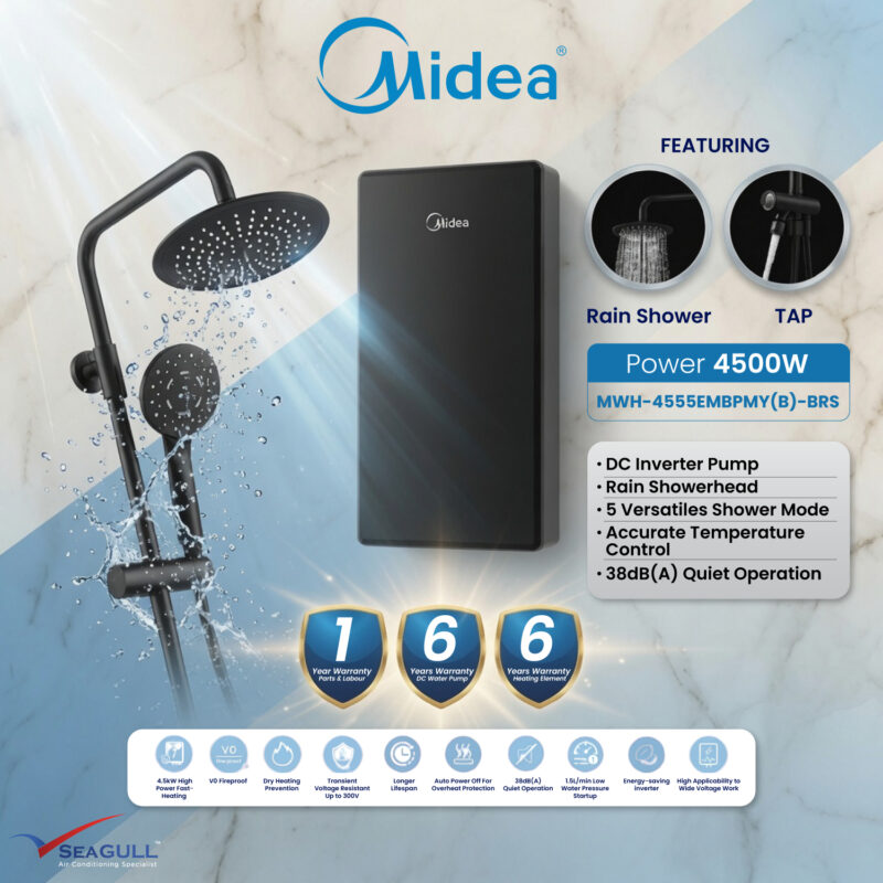Midea Instant Water Heater With Rain Shower & DC Inverter Pump MWH-4555EMBPMY(B)-BRS