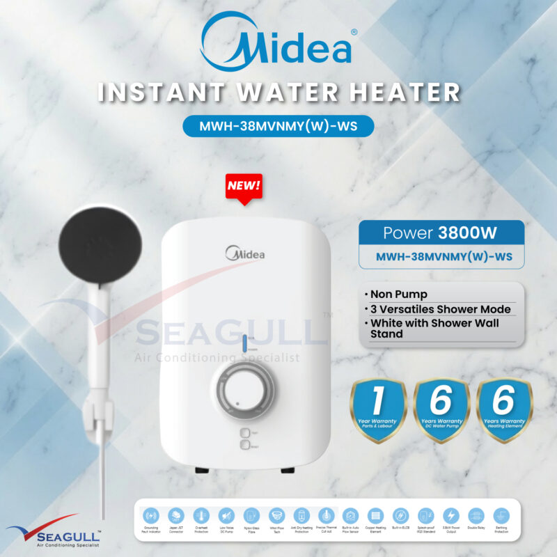 Midea Instant Water Heater With Shower Wall Stand Non Pump MWH-38MVNMY(W)-WS